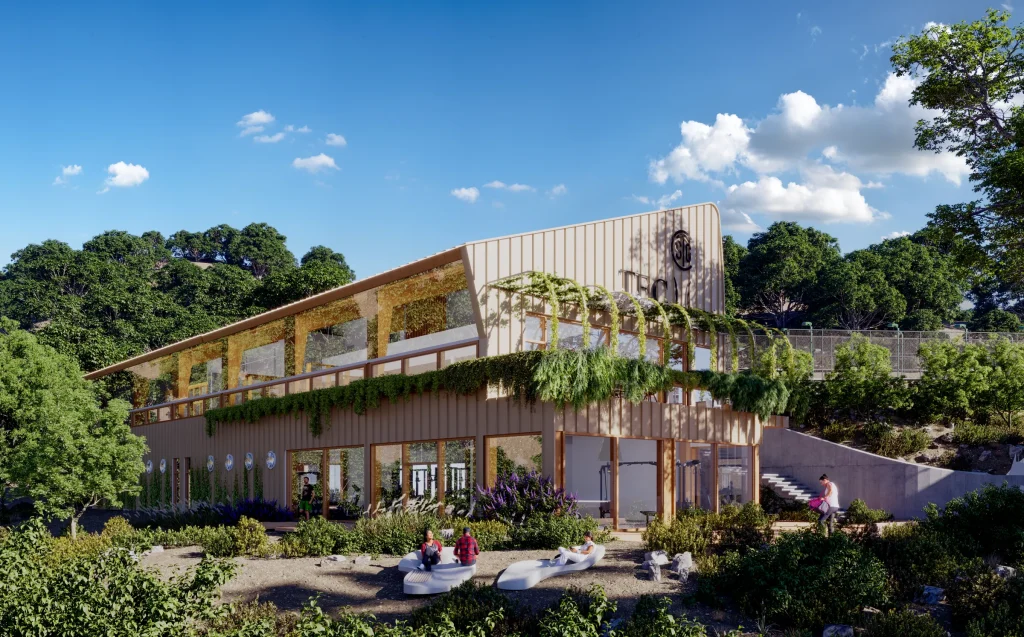 Render del edificio principal del TEC integrado en la vegetación