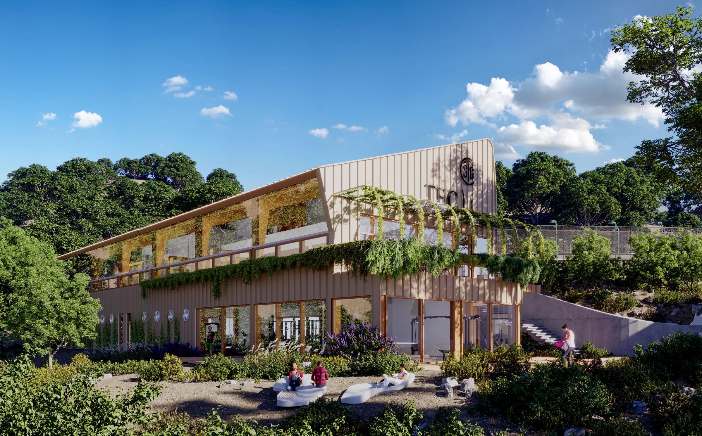 Render del edificio principal del TEC integrado en la vegetación