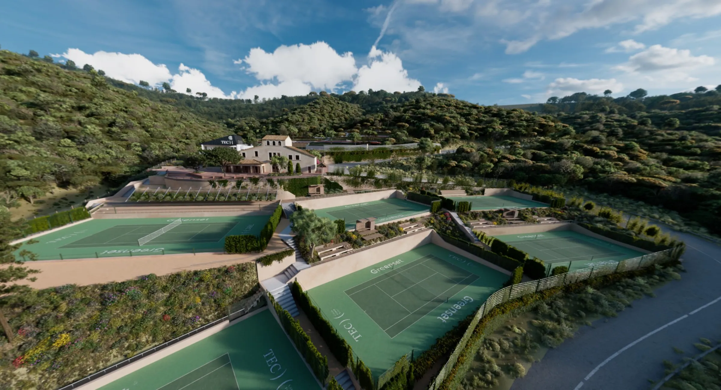 Vista aérea de las pistas del TEC entre las colinas de Collserola